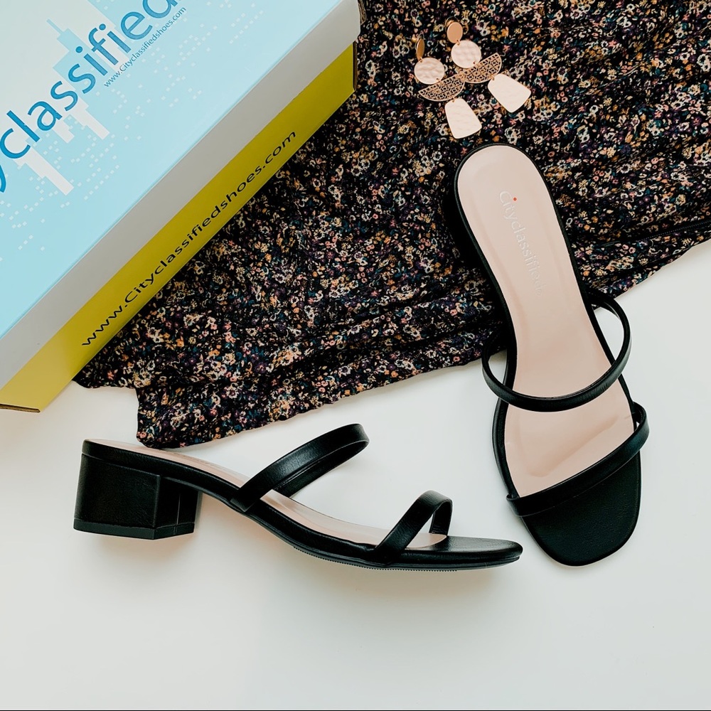 Black vegan leather slide strappy low heel sandals